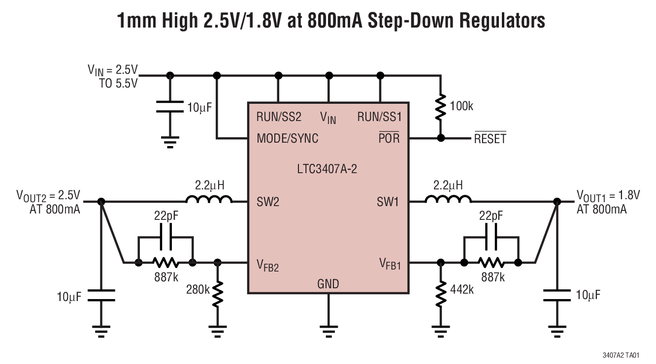 1mm High 2.5V/1.8V at 800mA Step-Down Regulators