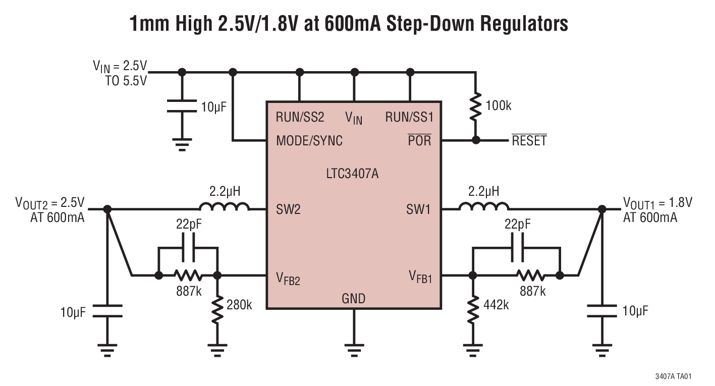 1mm High 2.5V/1.8V at 600mA Step-Down Regulators