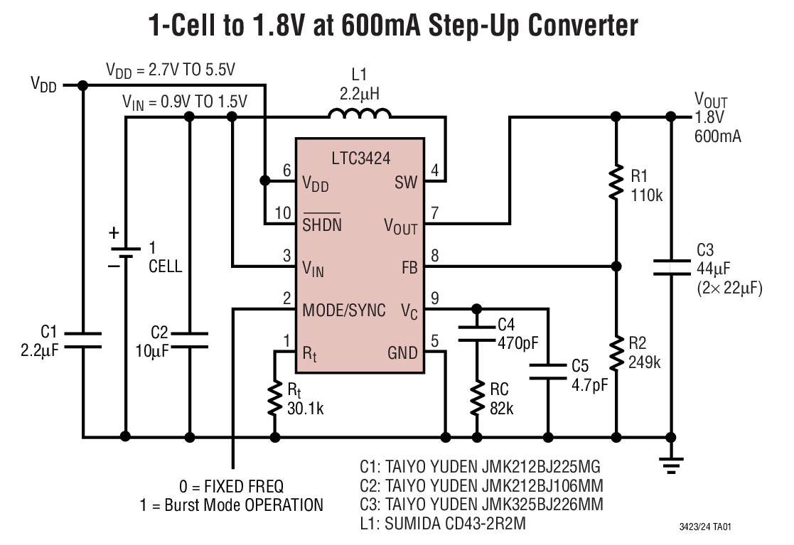 1-Cell to 1.8V at 600mA Step-Up Converter