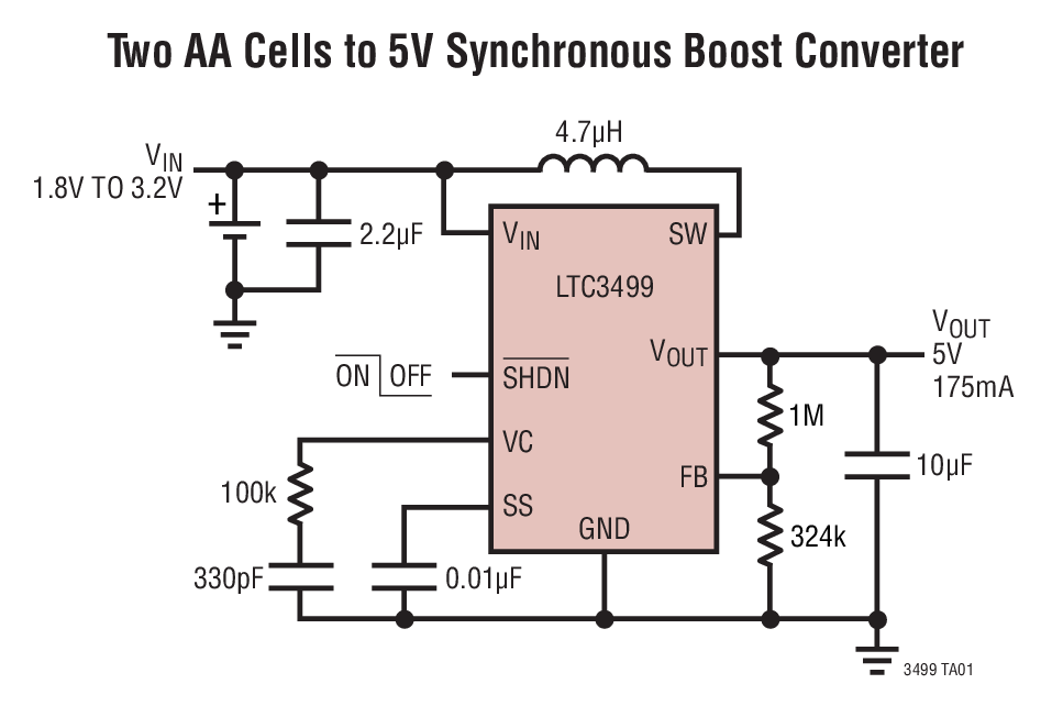 Two AA Cells to 5V Synchronous Boost Converter
