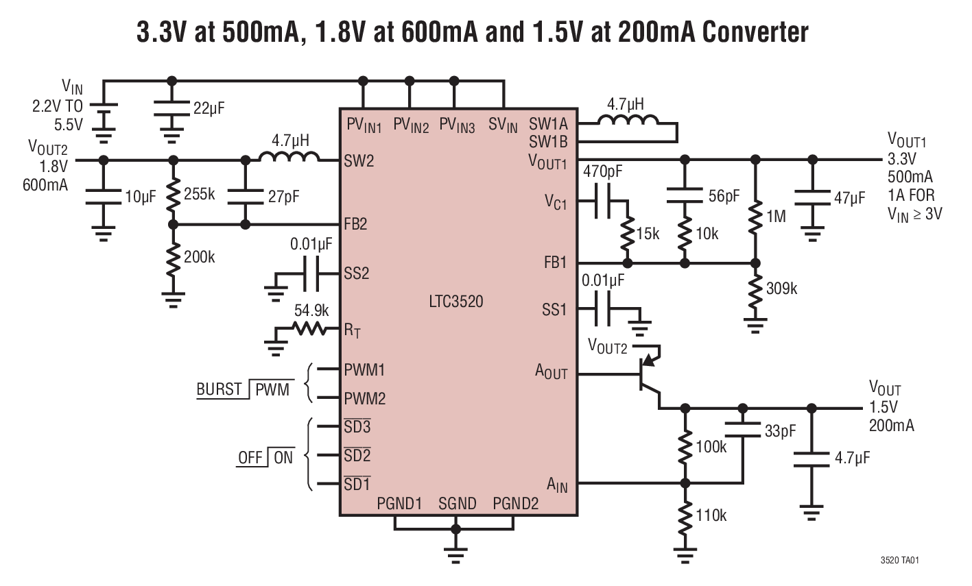 3.3V at 500mA, 1.8V at 600mA and 1.5V at 200mA Converter