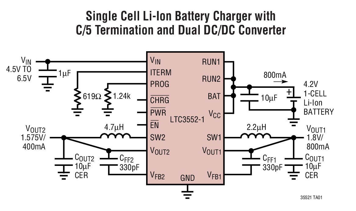 Single Cell Li-Ion Battery Charger with  C/5 Termination and Dual DC/DC Converter