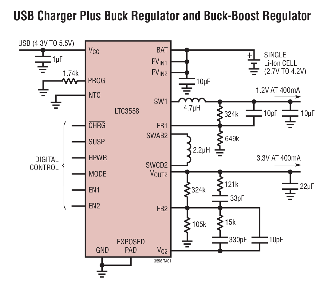 USB Charger Plus Buck Regulator and Buck-Boost Regulator