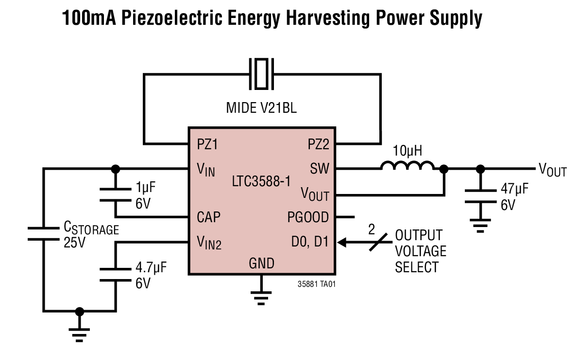 100mA Piezoelectric Energy Harvesting Power Supply