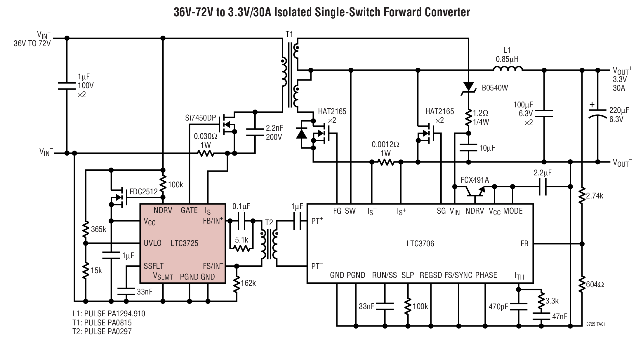 36V-72V to 3.3V/30A Isolated Single-Switch Forward Converter