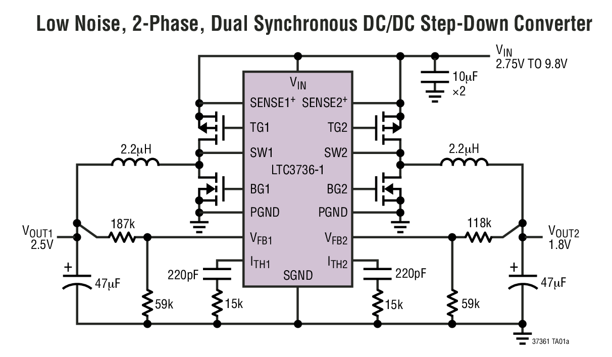 Low Noise, 2-Phase, Dual Synchronous DC/DC Step-Down Converter