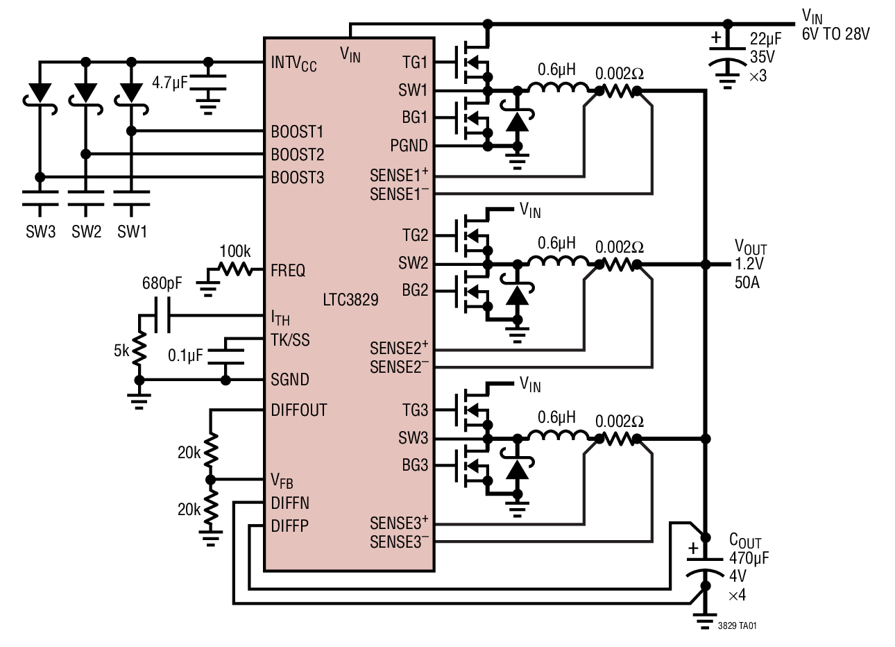LTC3829 3-Phase, Single Output Synchronous Step-Down DC/DC Controller with Diffamp