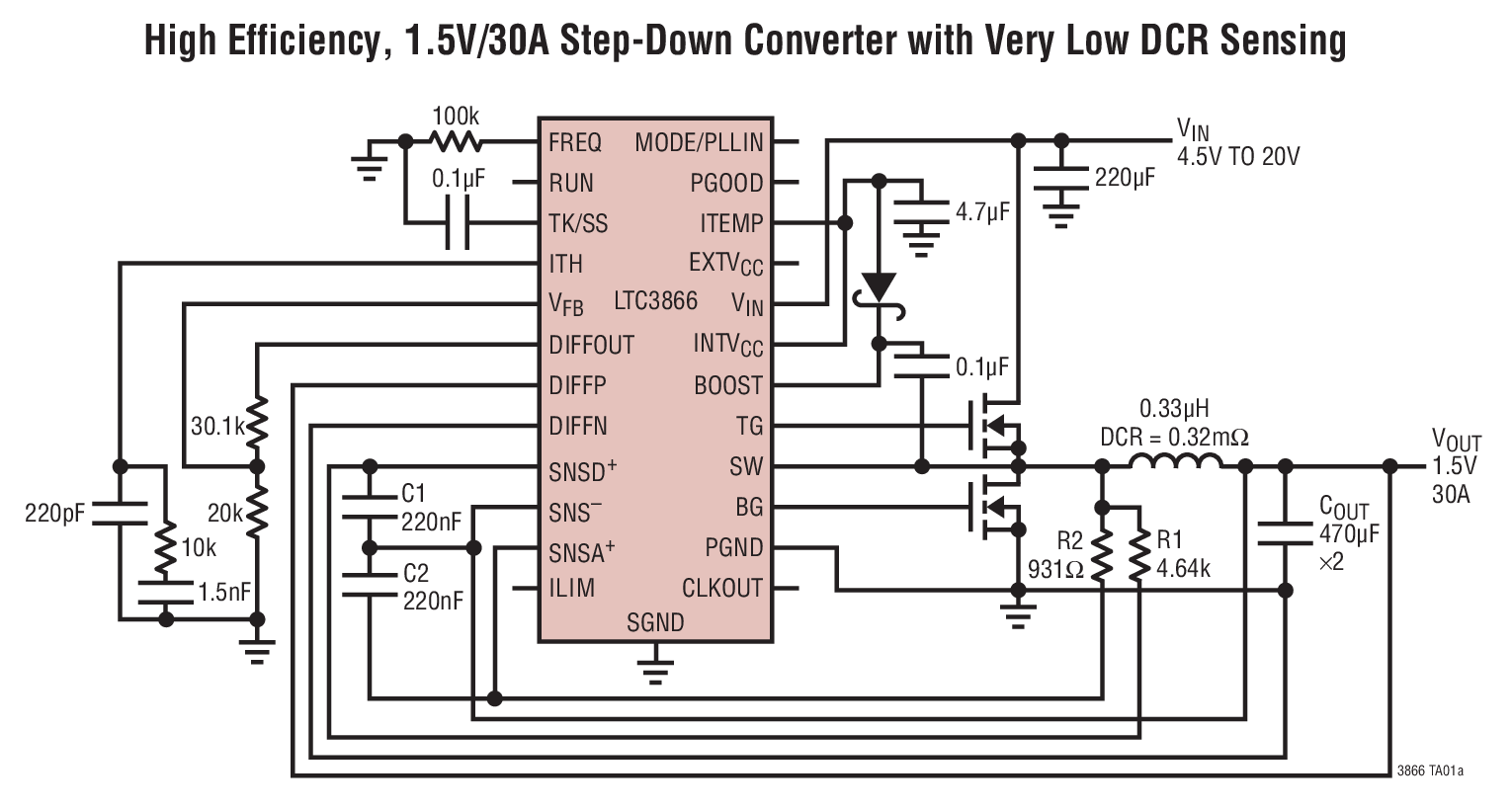 High Efficiency, 1.5V/30A Step-Down Converter with Very Low DCR Sensing