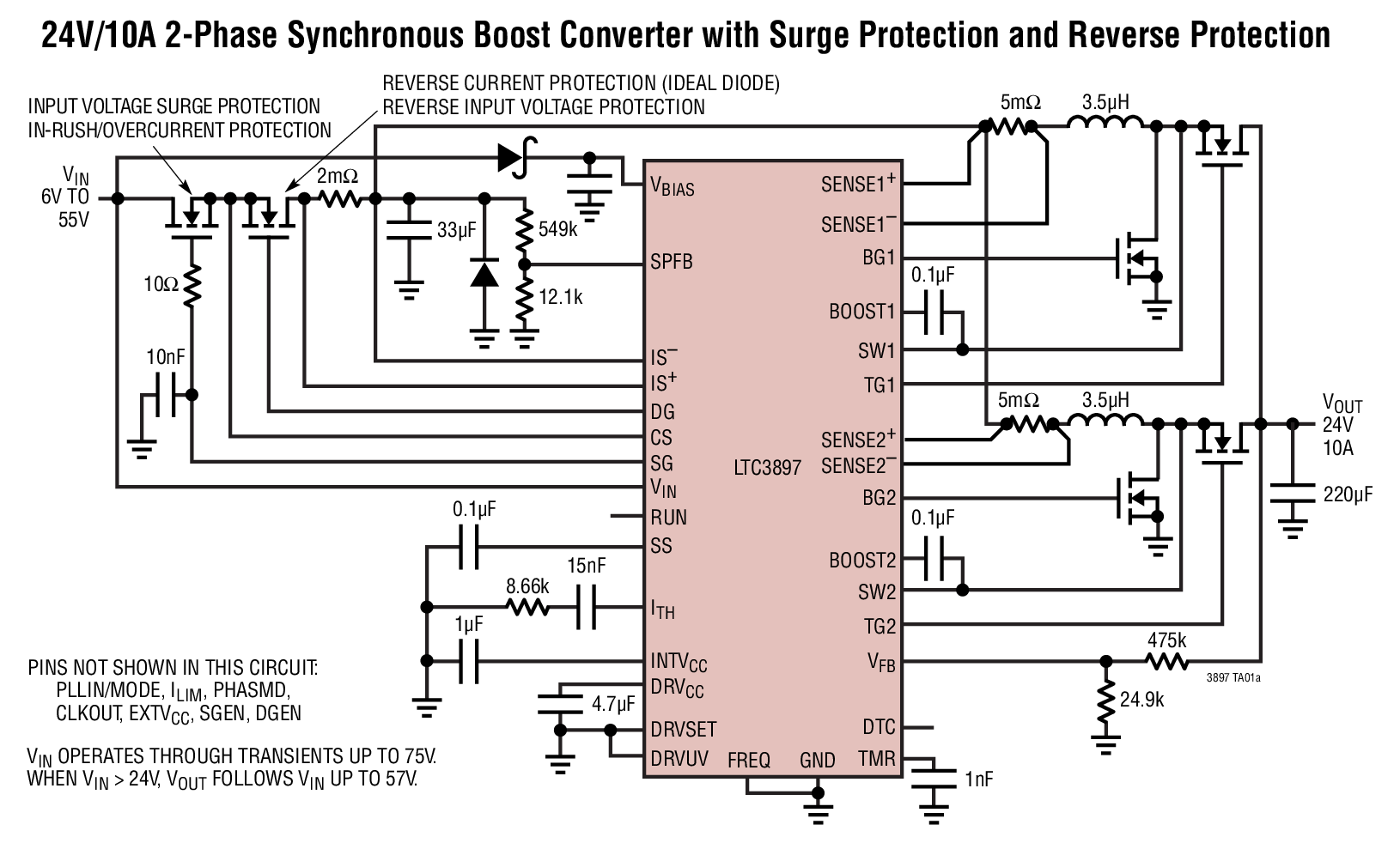 24V/10A 2-Phase Synchronous Boost Converter with Surge Protection and Reverse Protection