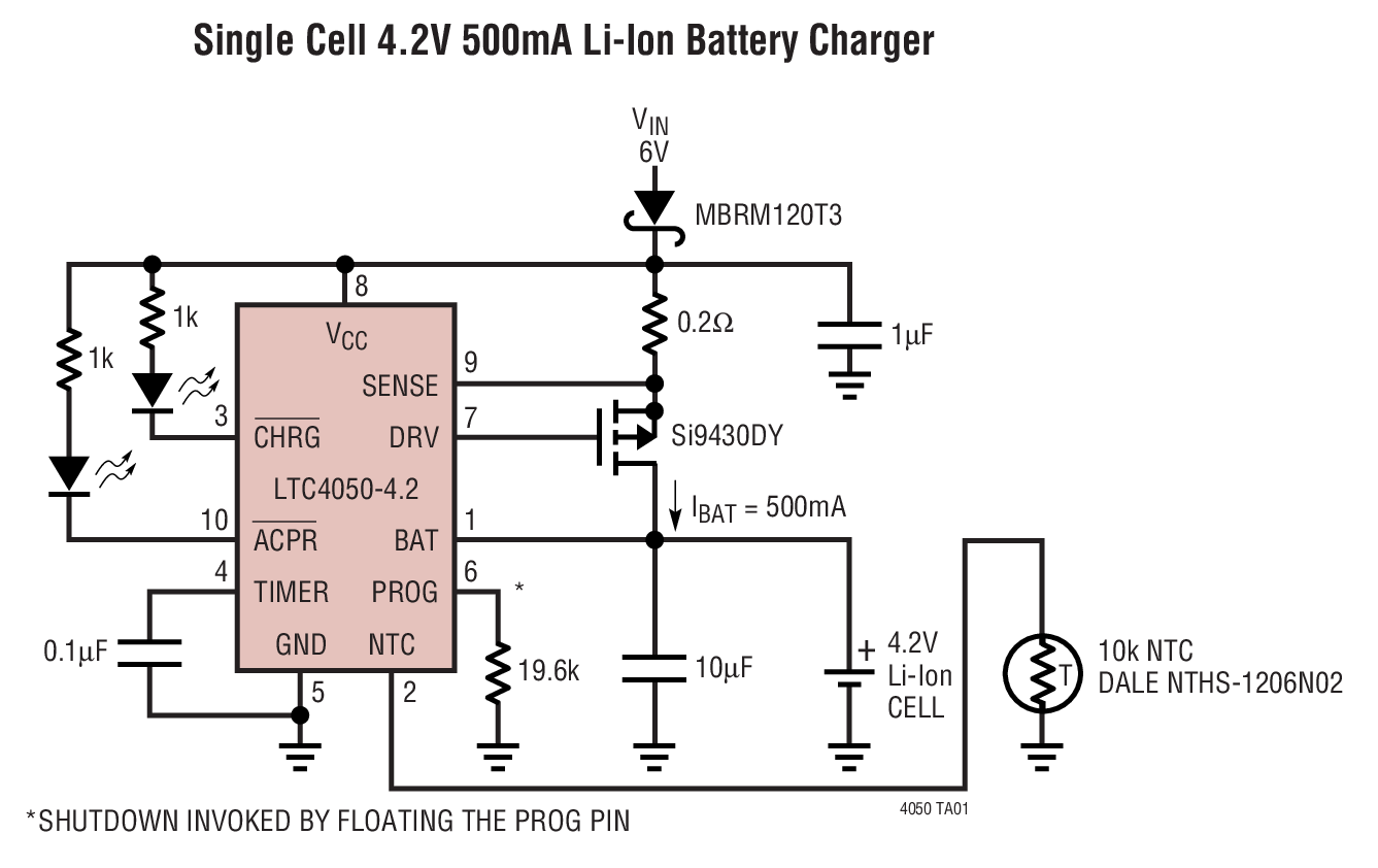 Single Cell 4.2V 500mA Li-Ion Battery Charger