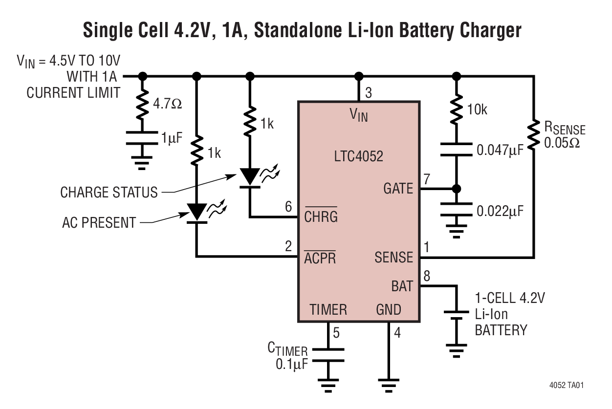 Single Cell 4.2V, 1A, Standalone Li-Ion Battery Charger