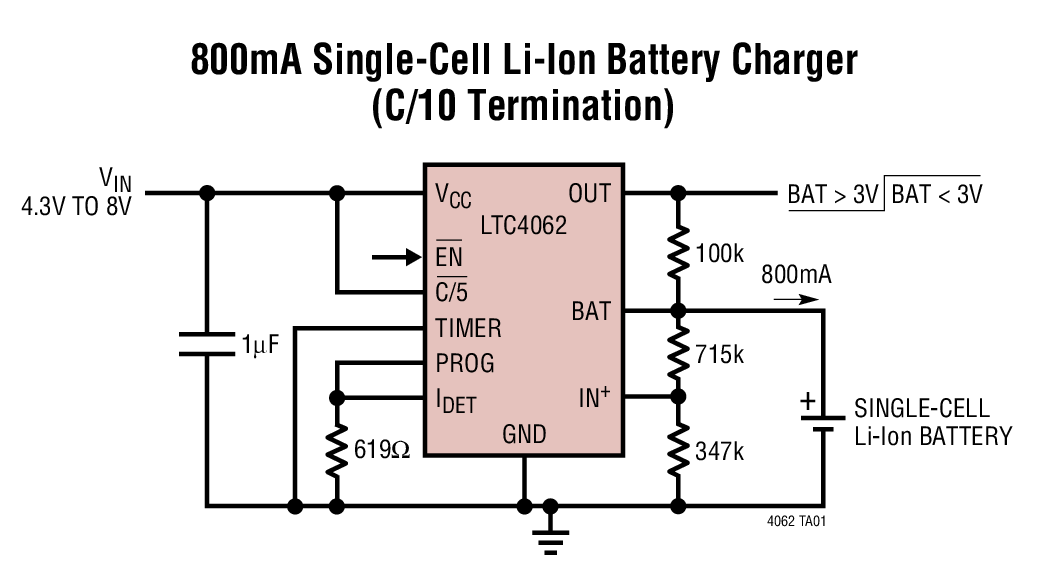 800mA Single-Cell Li-Ion Battery Charger (C/10 Termination)