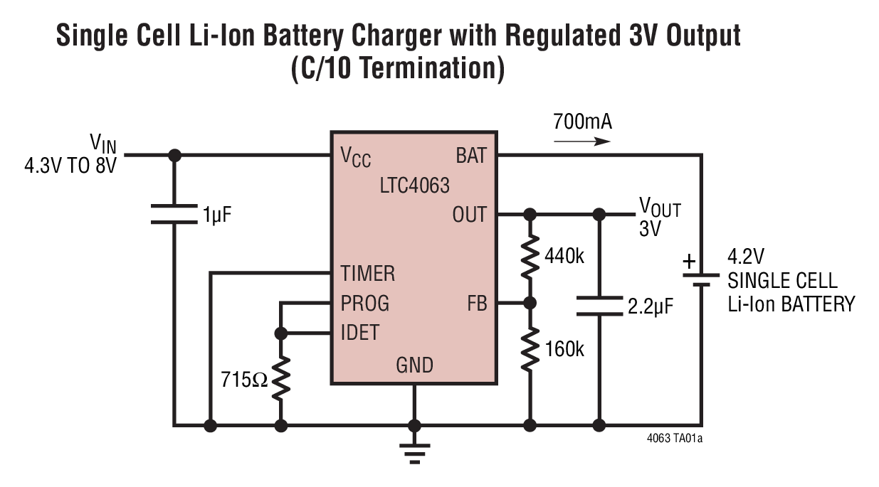 Single Cell Li-Ion Battery Charger with Regulated 3V Output (C/10 Termination)