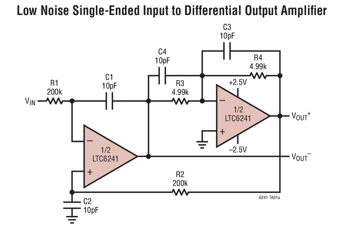 Low Noise Single-Ended Input to Differential Output Ampliﬁer