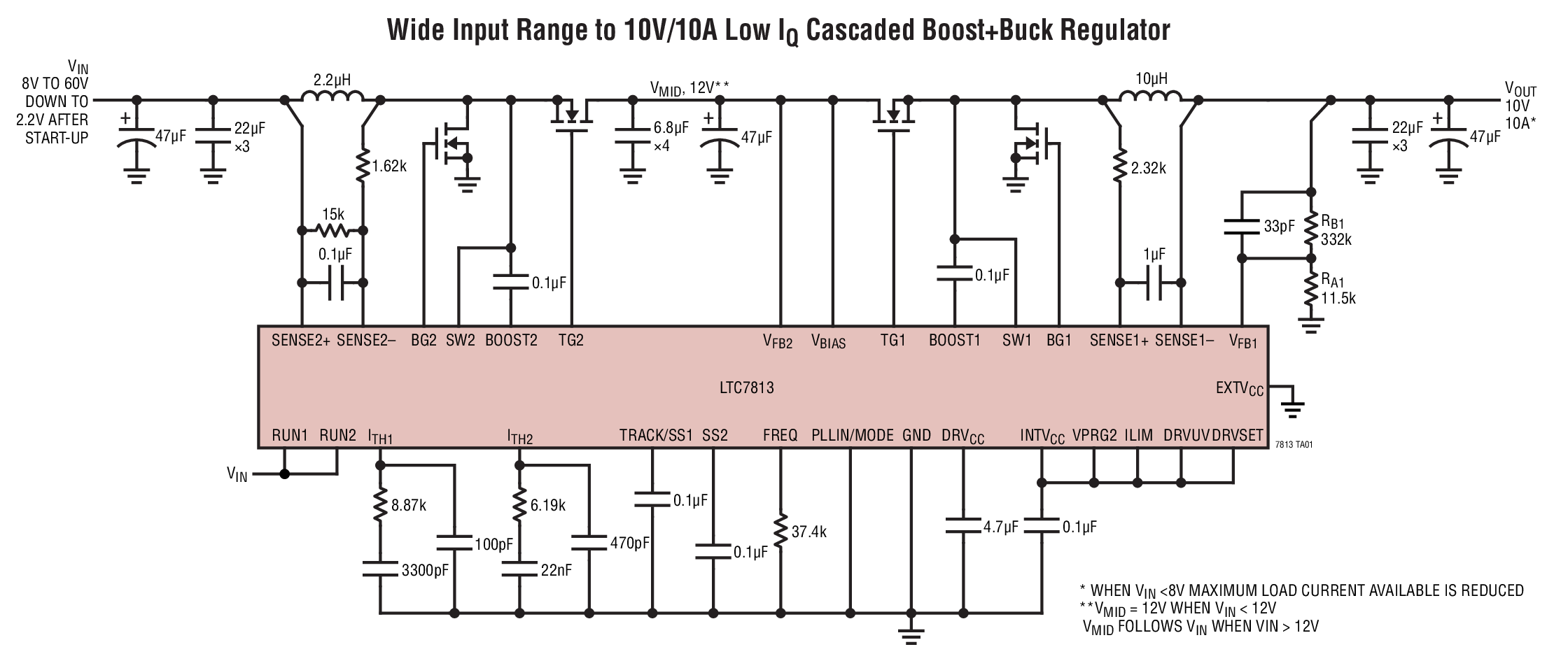 Wide Input Range to 10V/10A Low IQ Cascaded Boost+Buck Regulator
