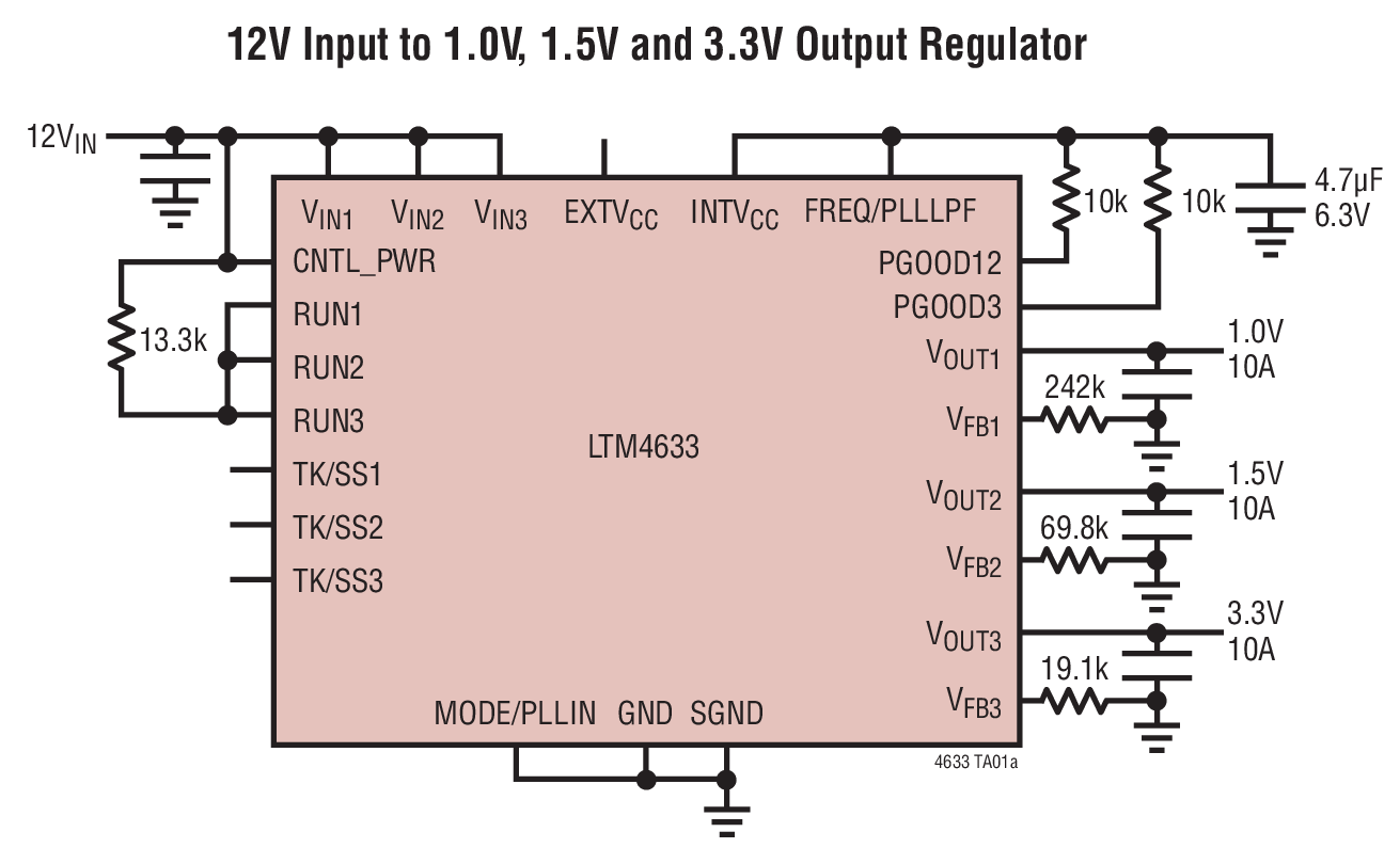 12V Input to 1.0V, 1.5V and 3.3V Output Regulator