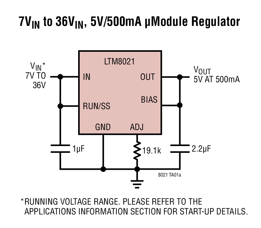 7VIN to 36VIN, 5V/500mA μModule Regulator