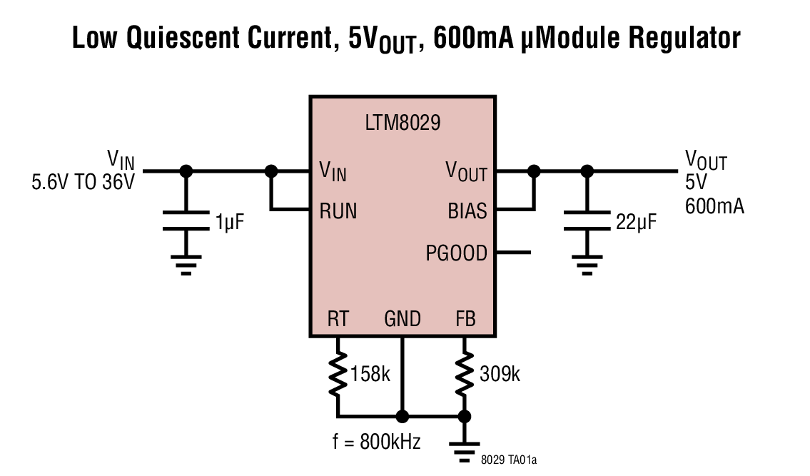 Low Quiescent Current, 5VOUT, 600mA μModule Regulator