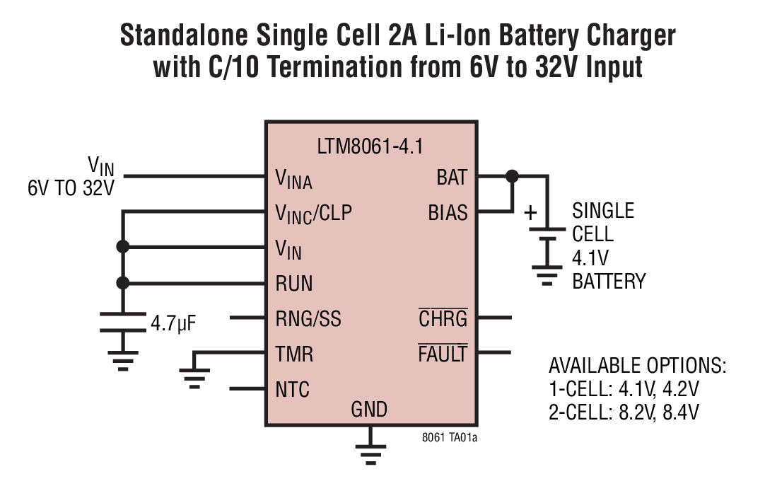 Standalone Single Cell 2A Li-Ion Battery Charger with C/10 Termination from 6V to 32V Input