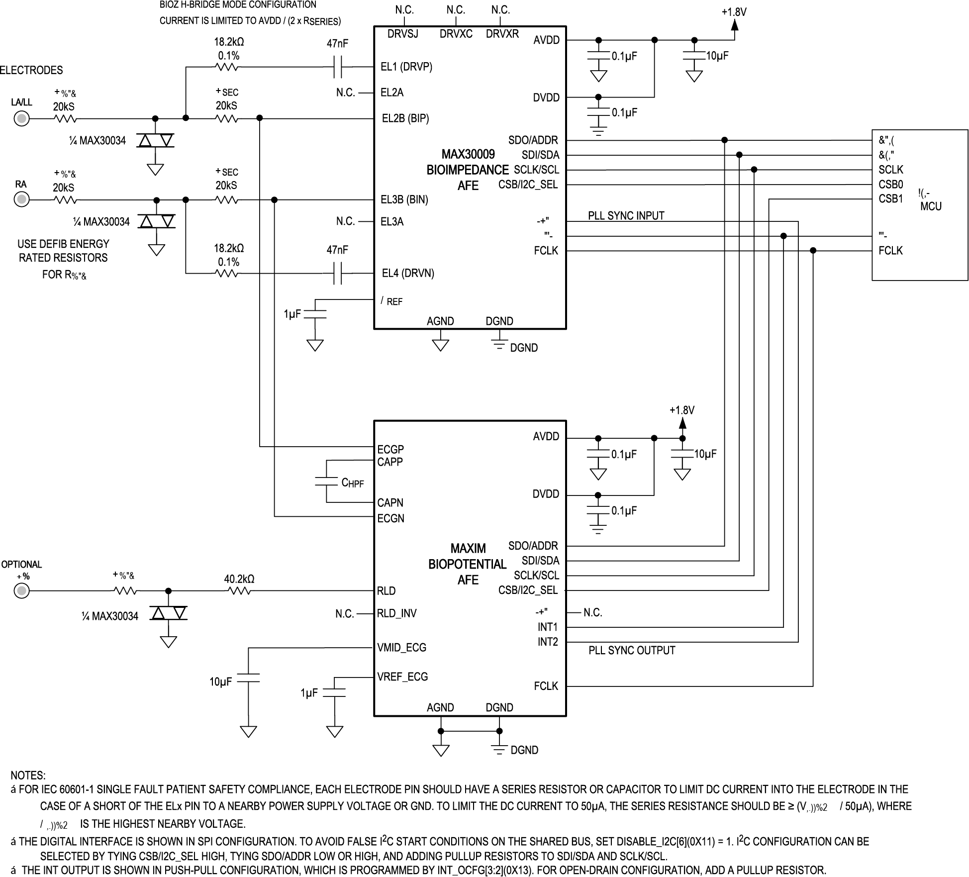 MAX30009 Typical Application Circuits (2-Electrode Chest Device Supporting Respiration with ECG and Defibrillation Protection)