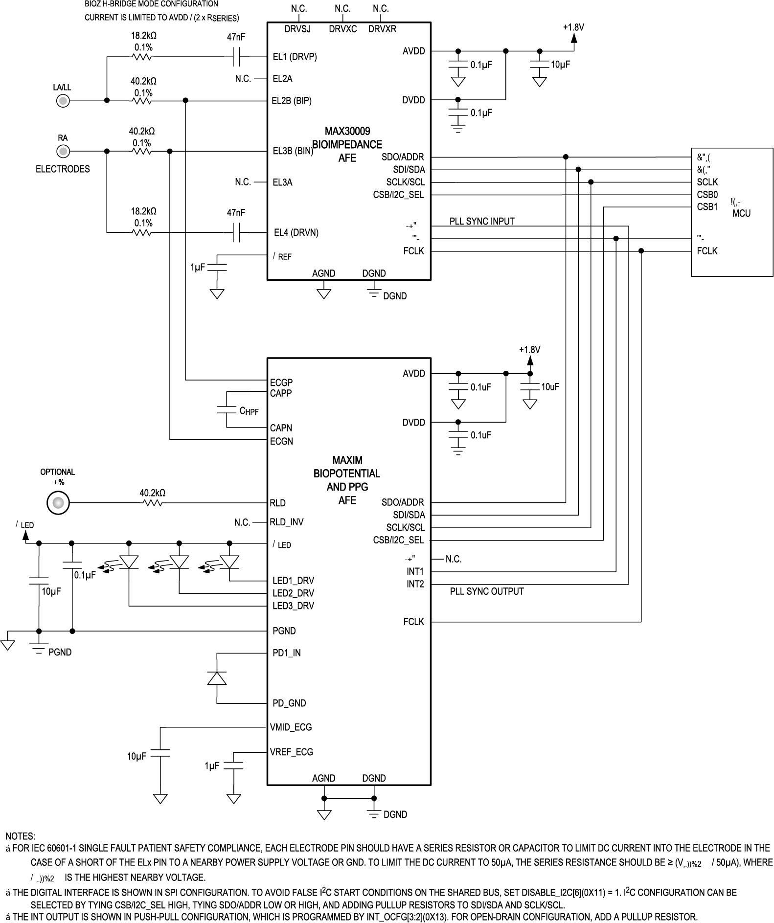 MAX30009 Typical Application Circuits (2-Electrode Chest Device Supporting Respiration with ECG and PPG)