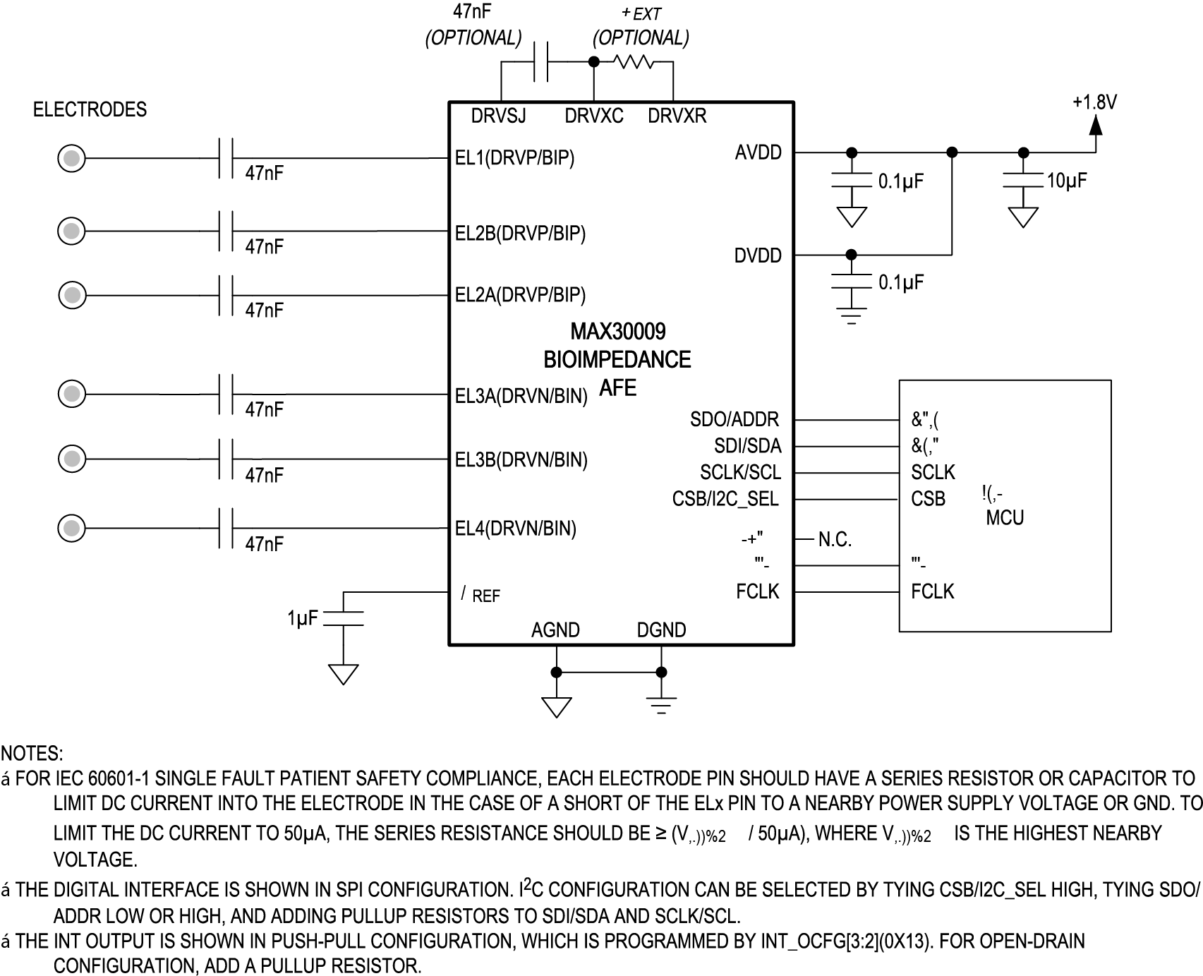 MAX30009 Typical Application Circuits (6-Electrode Device Supporting Multiple Measurement Vectors)