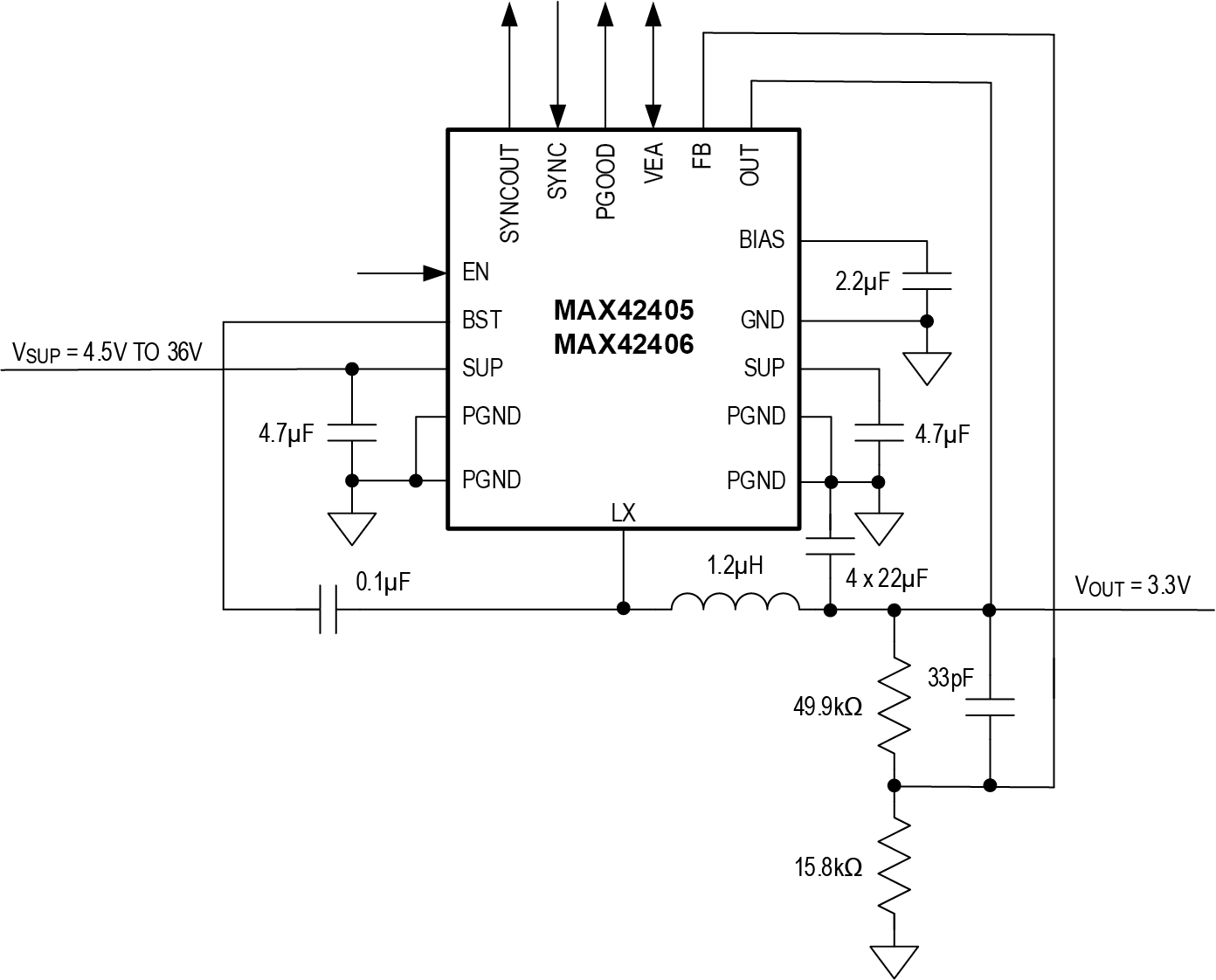 MAX42405-MAX42406 Typical Application Circuit Single Phase Operation 1.5MHz