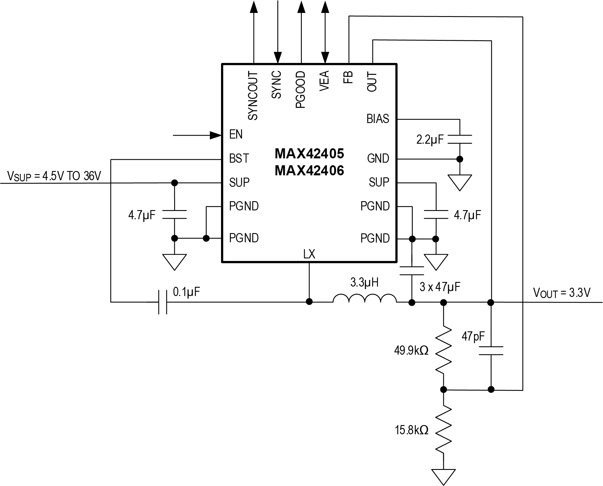 MAX42405-MAX42406 Typical Application Circuit Single Phase Operation 400kHz