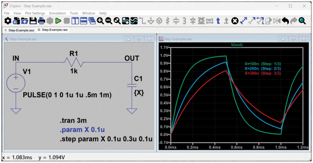 Figure 3. Simulation with three .STEP values and a step legend in the Waveform Viewer.