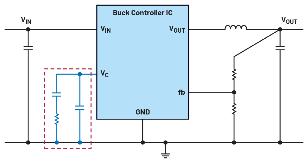 Figure 1. A switch-mode power supply with corresponding compensation components in blue for adjusting the control loop speed and stability.