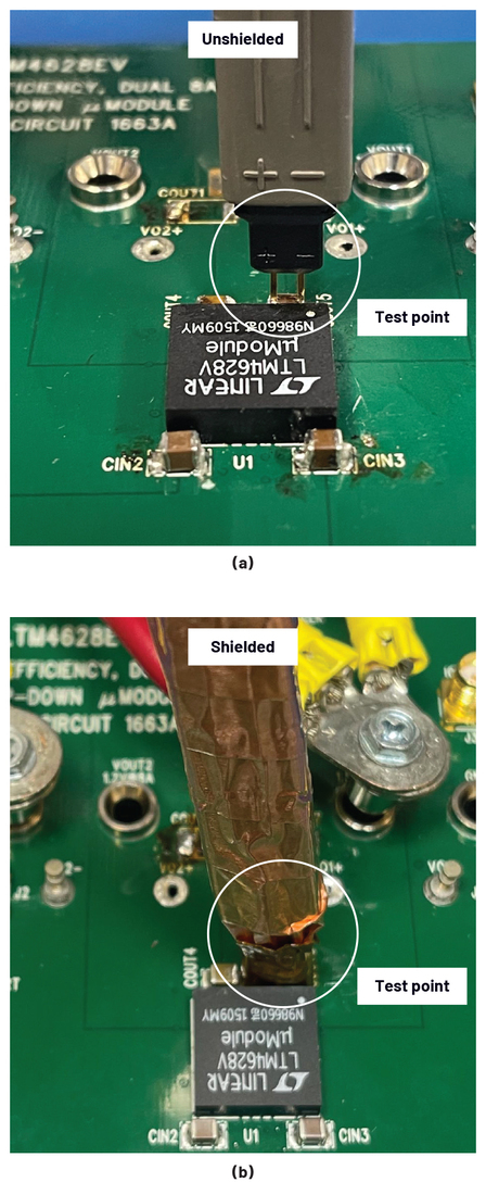 Figure 10. VOUT measurement with differential probe: (a) no shielding; (b) with copper foil shielding.