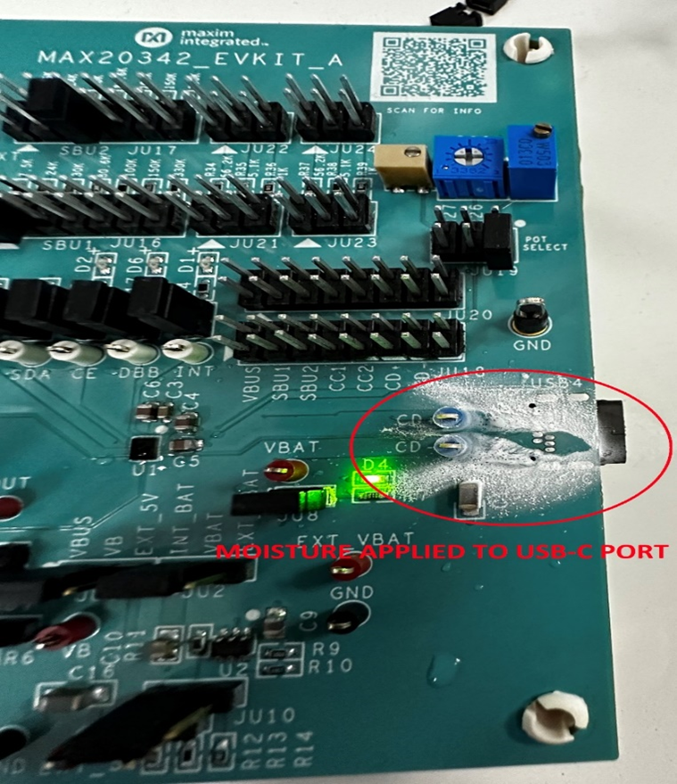 Figure 6. Applying water drop in the USB-C port of the MAX20342 EV kit.